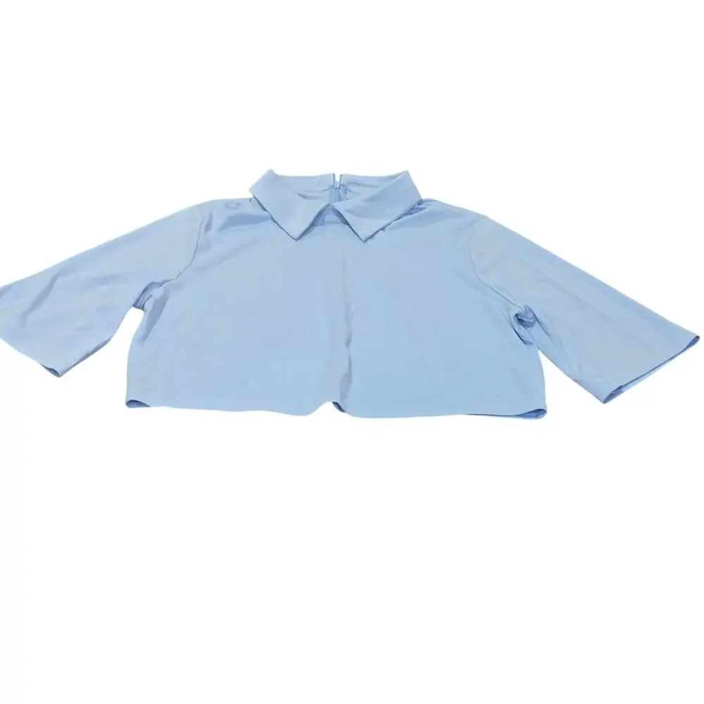 ​Baby Blue Co-Ord Set Collared Crop Top & Wide Leg Pants┃Pastelcore Soft Girl